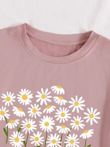 SHEIN LUNE 花卉和口号图案 T 恤 NO RAIN,NO FLOWERS 图案 T 恤 女式上衣 - 淺粉色 - 查看 3