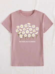SHEIN LUNE 花卉和口号图案 T 恤 NO RAIN,NO FLOWERS 图案 T 恤 女式上衣 - 淺粉色 - 查看 4