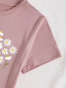 SHEIN LUNE 花卉和口号图案 T 恤 NO RAIN,NO FLOWERS 图案 T 恤 女式上衣 - 淺粉色 - 查看 5