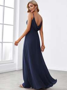 EVERPRETTY Spring Solid Color Wrap Detail Spaghetti Strap Drape Open Back Chiffon Slip Dress, Elegant Navy Blue Bridesmaid Dress, Wedding Guest Dress - Navy Blue - View 3