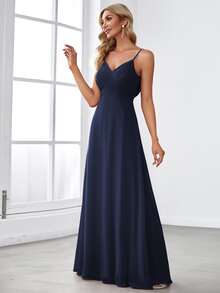 EVERPRETTY Spring Solid Color Wrap Detail Spaghetti Strap Drape Open Back Chiffon Slip Dress, Elegant Navy Blue Bridesmaid Dress, Wedding Guest Dress - Navy Blue - View 4