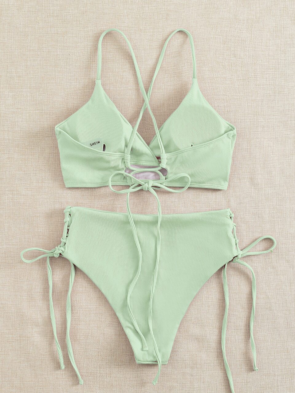 2026 Spring/Summer 2pcs Set, Women Light Green Beach Outfit, Deep V-Neck Backless Ruched Wireless Swimwear, Casual Summer Beach Swimwear