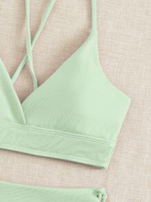 Swim Mod 2pcs/Set Women's Light Green Beach Outfit, Deep V-Neck Backless Ruched Wireless Swimsuit, Casual Summer Beach Swimwear - Mint Green - View 4
