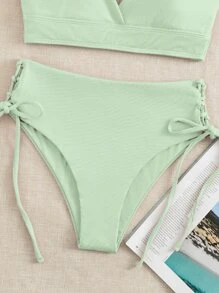 Swim Mod 2pcs/Set Women's Light Green Beach Outfit, Deep V-Neck Backless Ruched Wireless Swimsuit, Casual Summer Beach Swimwear - Mint Green - View 5