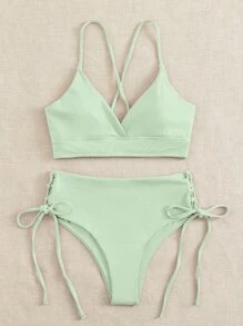 Swim Mod 2pcs/Set Women's Light Green Beach Outfit, Deep V-Neck Backless Ruched Wireless Swimsuit, Casual Summer Beach Swimwear - Mint Green - View 6