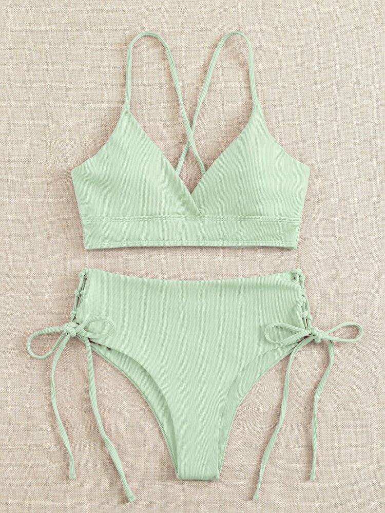 2026 Spring/Summer 2pcs Set, Women Light Green Beach Outfit, Deep V-Neck Backless Ruched Wireless Swimsuit, Casual Summer Beach Swimwear