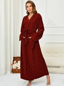 Solid Dual Pocket Belted Hooded Robe - Burgundy - View 5