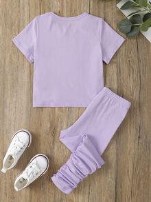 小女童素色T恤和褶皺緊身打底褲 - 紫丁香色 - 查看 2