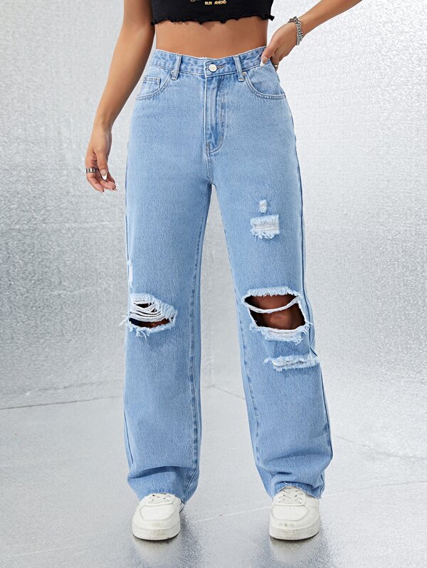 Ripped Wide Leg Jeans SHEIN USA