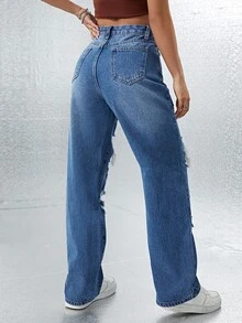 破洞鏤空破洞直筒牛仔褲 - 深色水洗藍 - 查看 2