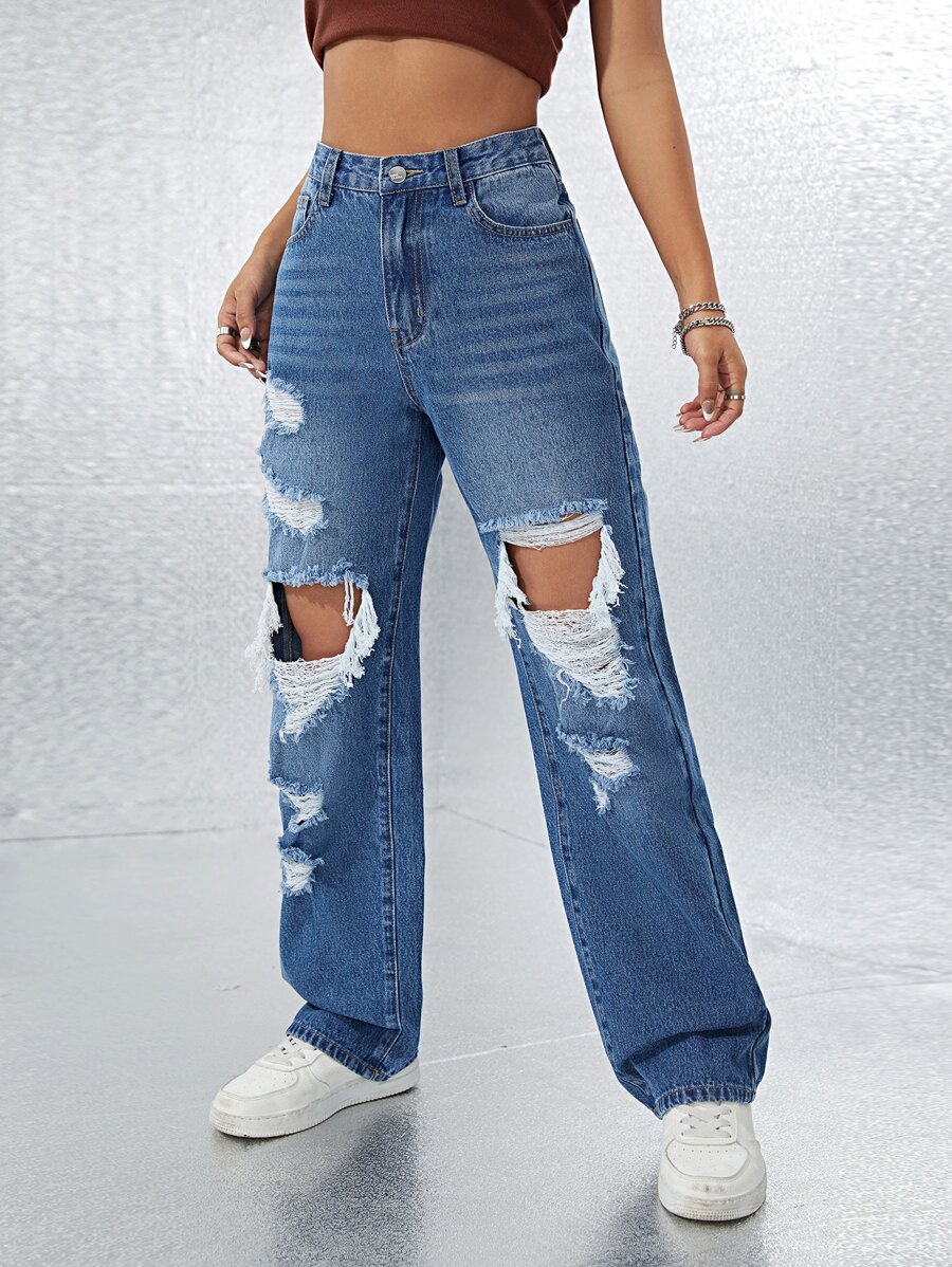 破洞鏤空破洞直筒牛仔褲 - 深色水洗藍 - 查看 1