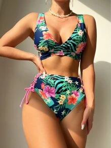 Tropical Print Lace Up Side Summer Beach Bikini Set - Multicolor - View 1