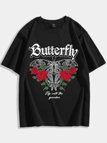 ROMWE MEN Guys Letter Floral & Butterfly Graphic Tee - Black - View 1