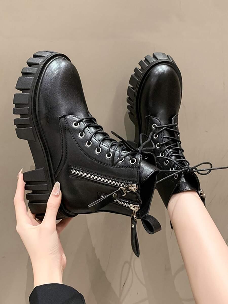 女式側拉鍊作戰靴厚底時尚靴子黑色 - 黑色 - 查看 1