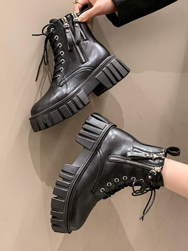 Women Side Zipper Combat Boots, Flatform Fashion Boots Black SHEIN USA