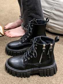 女式側拉鍊作戰靴厚底時尚靴子黑色 - 黑色 - 查看 4