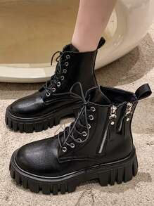 女式側拉鍊作戰靴厚底時尚靴子黑色 - 黑色 - 查看 5
