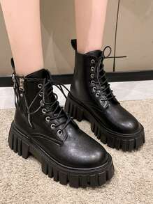 女式側拉鍊作戰靴厚底時尚靴子黑色 - 黑色 - 查看 6