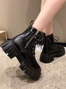 女式側拉鍊作戰靴厚底時尚靴子黑色 - 黑色 - 查看 7