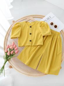 Toddler Girls Puff Sleeve Button Front Top & Wide Leg Trousers - Yellow - View 1
