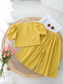 Toddler Girls Puff Sleeve Button Front Top & Wide Leg Trousers - Yellow - View 2