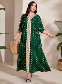 Al Najma Plus Gold Dot Print Contrast Lace Dress