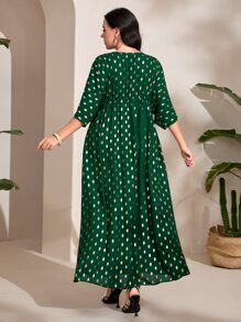 Al Najma Plus Gold Dot Print Contrast Lace Dress