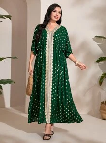 Al Najma Plus Gold Dot Print Contrast Lace Dress
