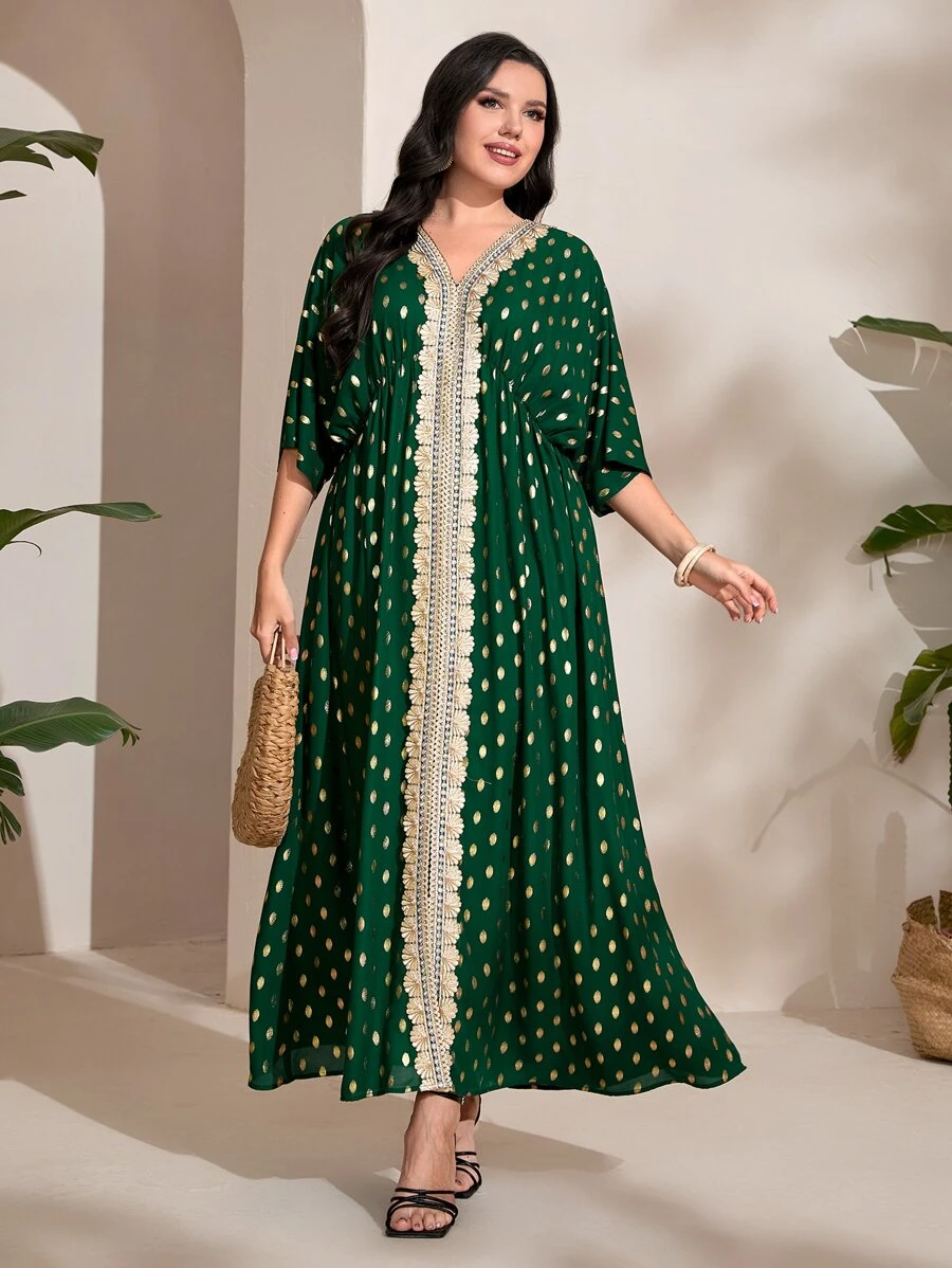 Al Najma Plus Gold Dot Print Contrast Lace Dress