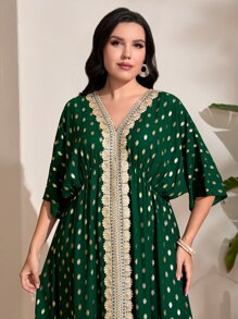 Al Najma Plus Gold Dot Print Contrast Lace Dress