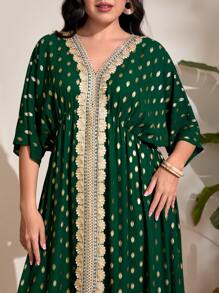 Al Najma Plus Gold Dot Print Contrast Lace Dress