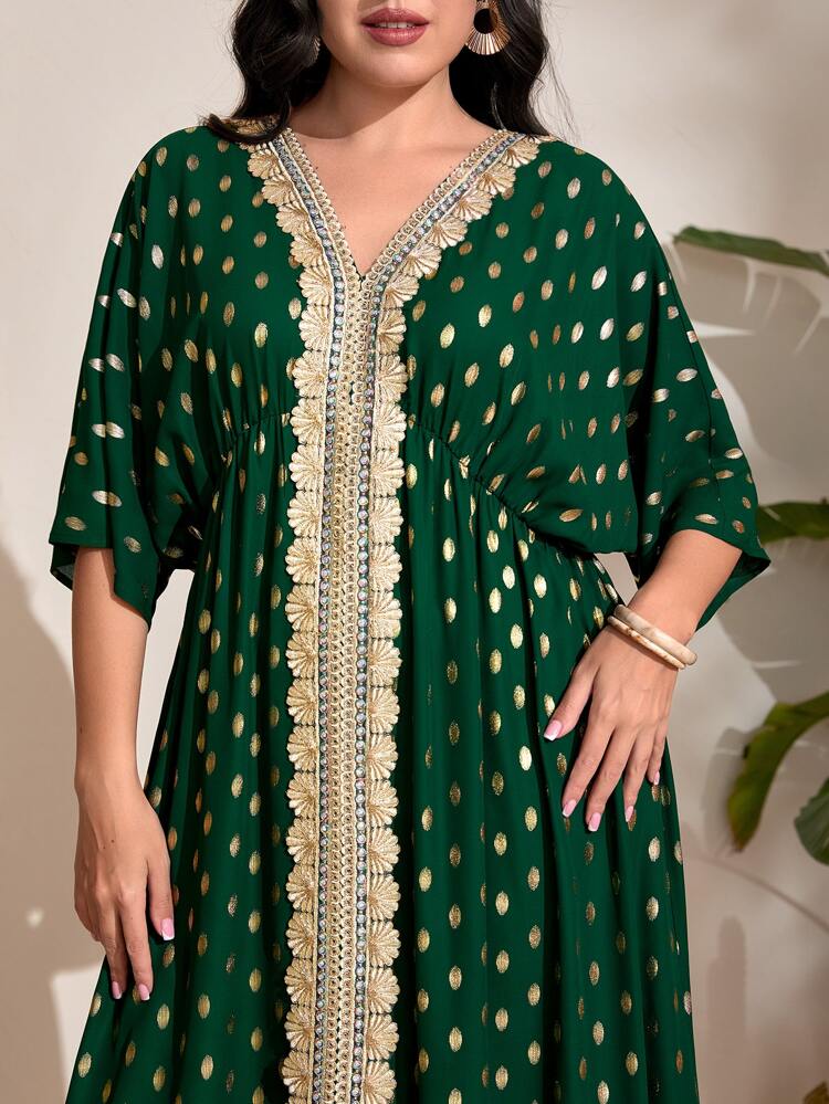 Plus Gold Dot Print Contrast Lace Dress