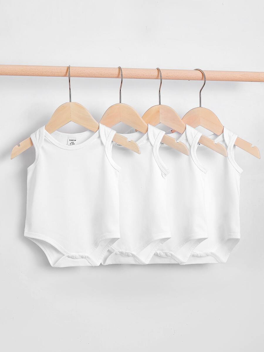 SHEIN 新生兒男寶寶4入組實色背心連體衣 - 白色 - 查看 1