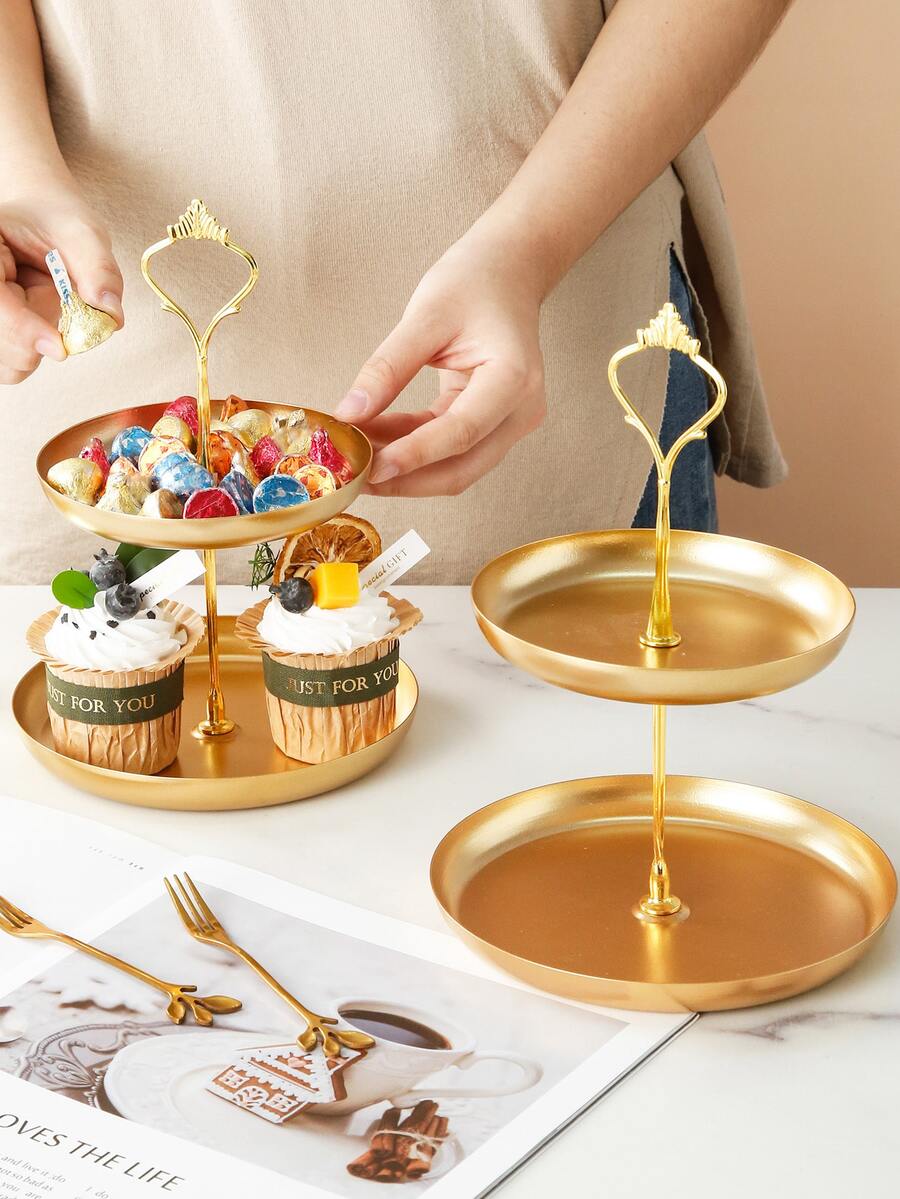 3pcs/set Iron Tray & Rack, Nordic Double-layer Kitchen Serving Tray For Party - Gold - View 1