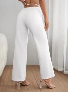 SHEIN PETITE Solid Cut Out Waist Flare Leg Trousers - White - View 2