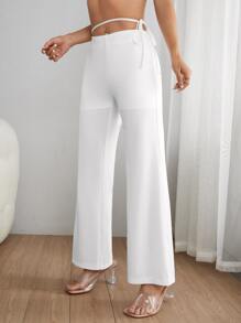 SHEIN PETITE Solid Cut Out Waist Flare Leg Trousers - White - View 3