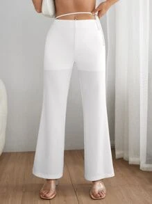 SHEIN PETITE Solid Cut Out Waist Flare Leg Trousers - White - View 4