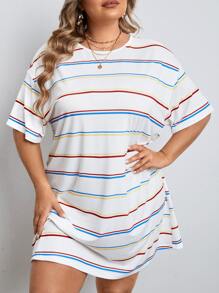 SHEIN LUNE Vestido estilo camiseta de hombros caídos con estampado de rayas - Blanco - Ver 6