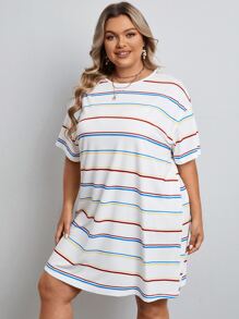 SHEIN LUNE Vestido estilo camiseta de hombros caídos con estampado de rayas - Blanco - Ver 3