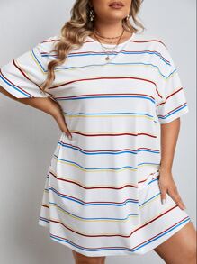 SHEIN LUNE Vestido estilo camiseta de hombros caídos con estampado de rayas - Blanco - Ver 5