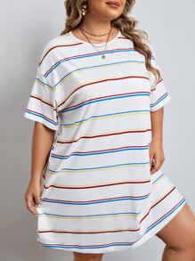 SHEIN LUNE Vestido estilo camiseta de hombros caídos con estampado de rayas - Blanco - Ver 1