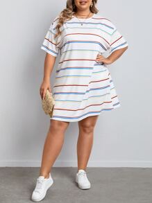 SHEIN LUNE Vestido estilo camiseta de hombros caídos con estampado de rayas - Blanco - Ver 2