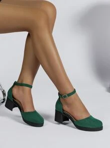 女士搭扣裝飾粗跟時尚仿麂皮踝帶高跟單鞋