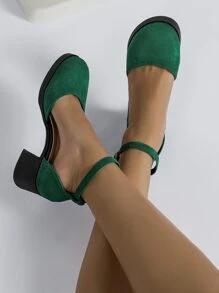 女士搭扣裝飾粗跟時尚仿麂皮踝帶高跟單鞋