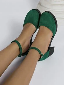 女士搭扣裝飾粗跟時尚仿麂皮踝帶高跟單鞋