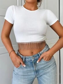 EURMUSE Rhinestone Fringe Hem Crop Tee - White - View 1