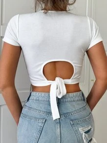 EURMUSE Rhinestone Fringe Hem Crop Tee - White - View 2