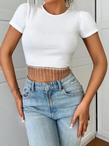 EURMUSE Rhinestone Fringe Hem Crop Tee - White - View 5