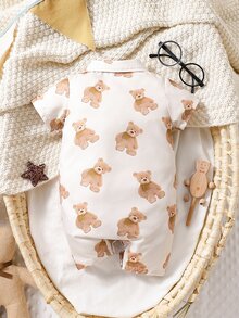 嬰兒小熊印花前蝴蝶結襯衫連體短褲 - 杏色 - 查看 2