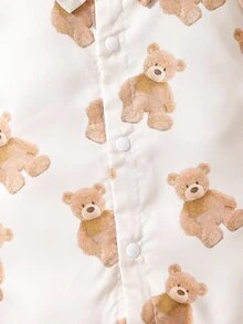 嬰兒小熊印花前蝴蝶結襯衫連體短褲 - 杏色 - 查看 3